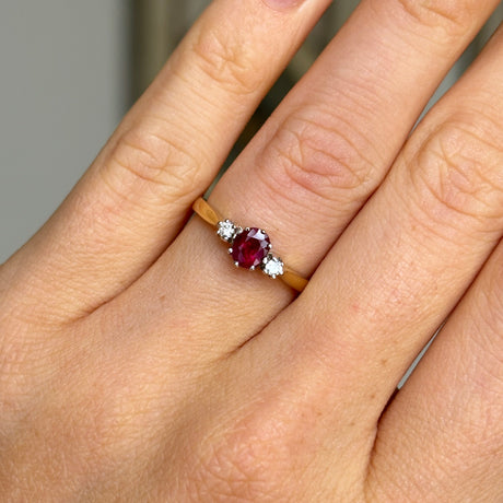 Vintage, 1980s ruby & diamond three-stone ring