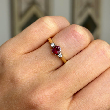 Vintage, 1980s ruby & diamond three-stone ring