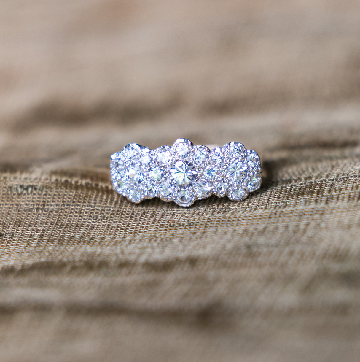 Vintage, 1970s cubic zirconia triple cluster ring front