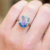 Close up of a 1920s blue sapphire solitaire ring.