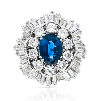 1950s Oval Blue Sapphire and Diamond Ballerina Cluster Ring, 18ct White Gold