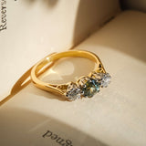 1950s green sapphire three stone diamond ring with yellow gold band