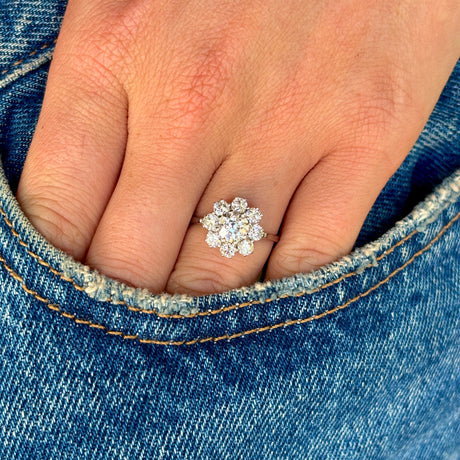 1955-Vintage, 1980s diamond cluster ring worn on hand.
