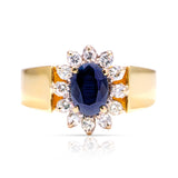 Vintage, 1980s sapphire and diamond cluster ring, chunky 18ct yellow gold band