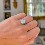 vintage diamond cluster ring, worn on closed hand.