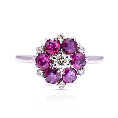 ruby and diamond cluster ring, front view. 