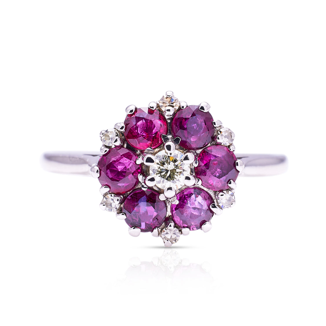 Vintage, 1980s ruby and diamond daisy cluster ring, 18ct white gold ...
