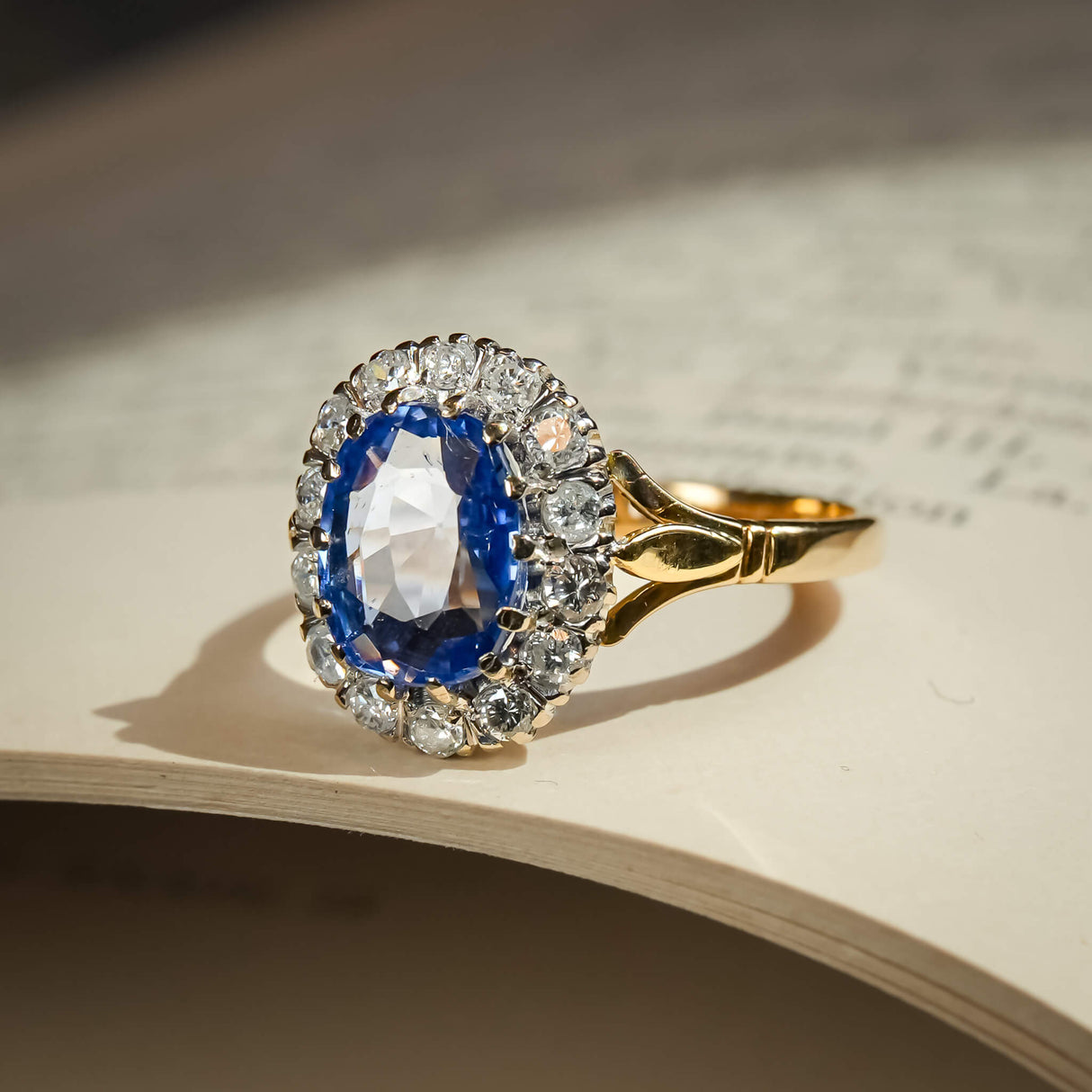 1980s sapphire ring with diamond halo cluster in yellow gold