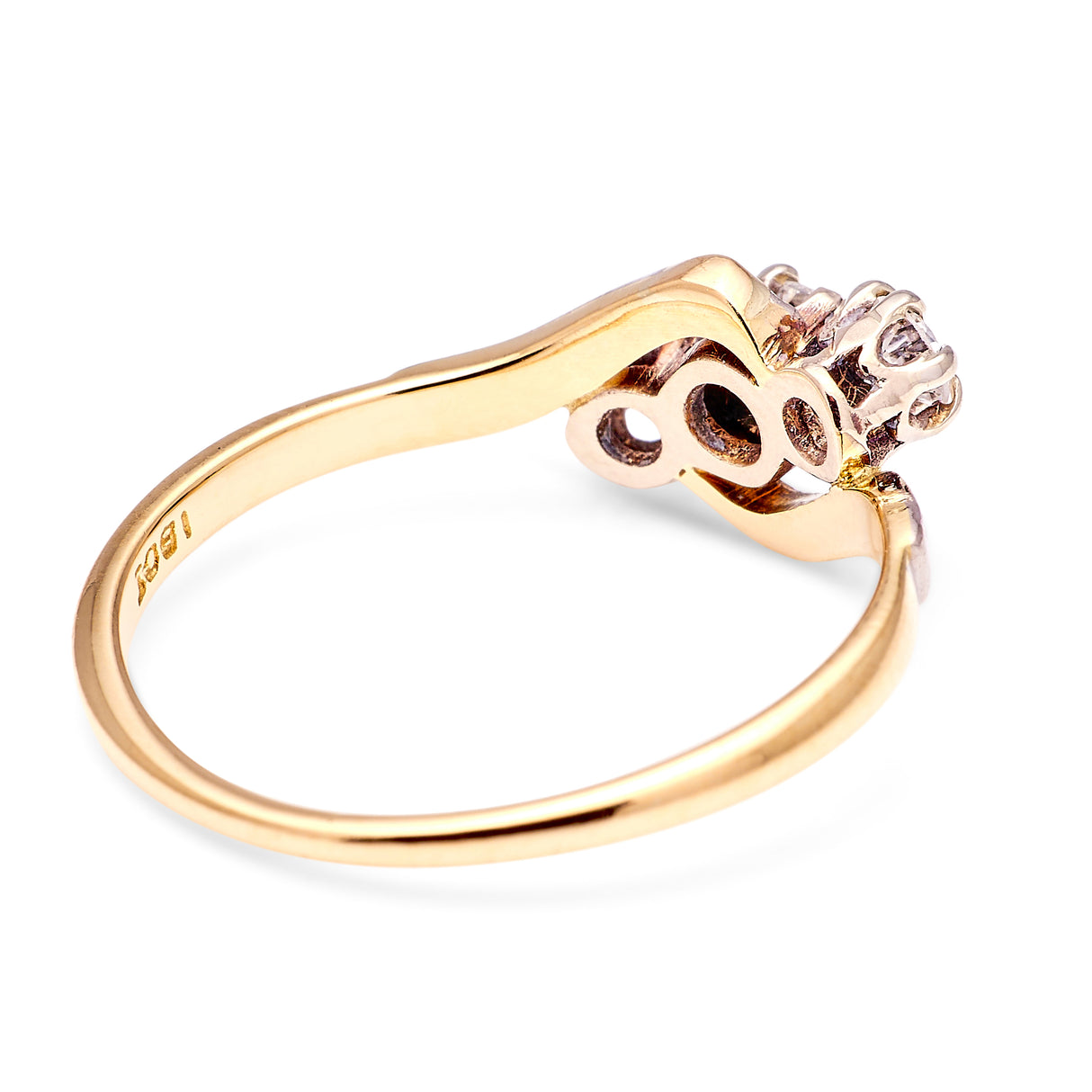 Antique, Edwardian three-stone diamond twist ring back