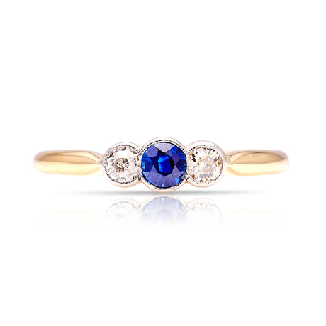 Vintage, Art Deco three-stone sapphire & diamond ring front