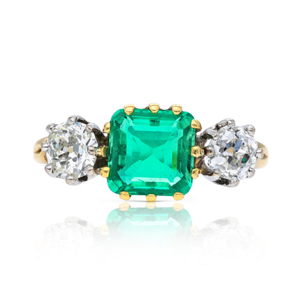 Antique, Emerald and Diamond Three Stone Engagement Ring