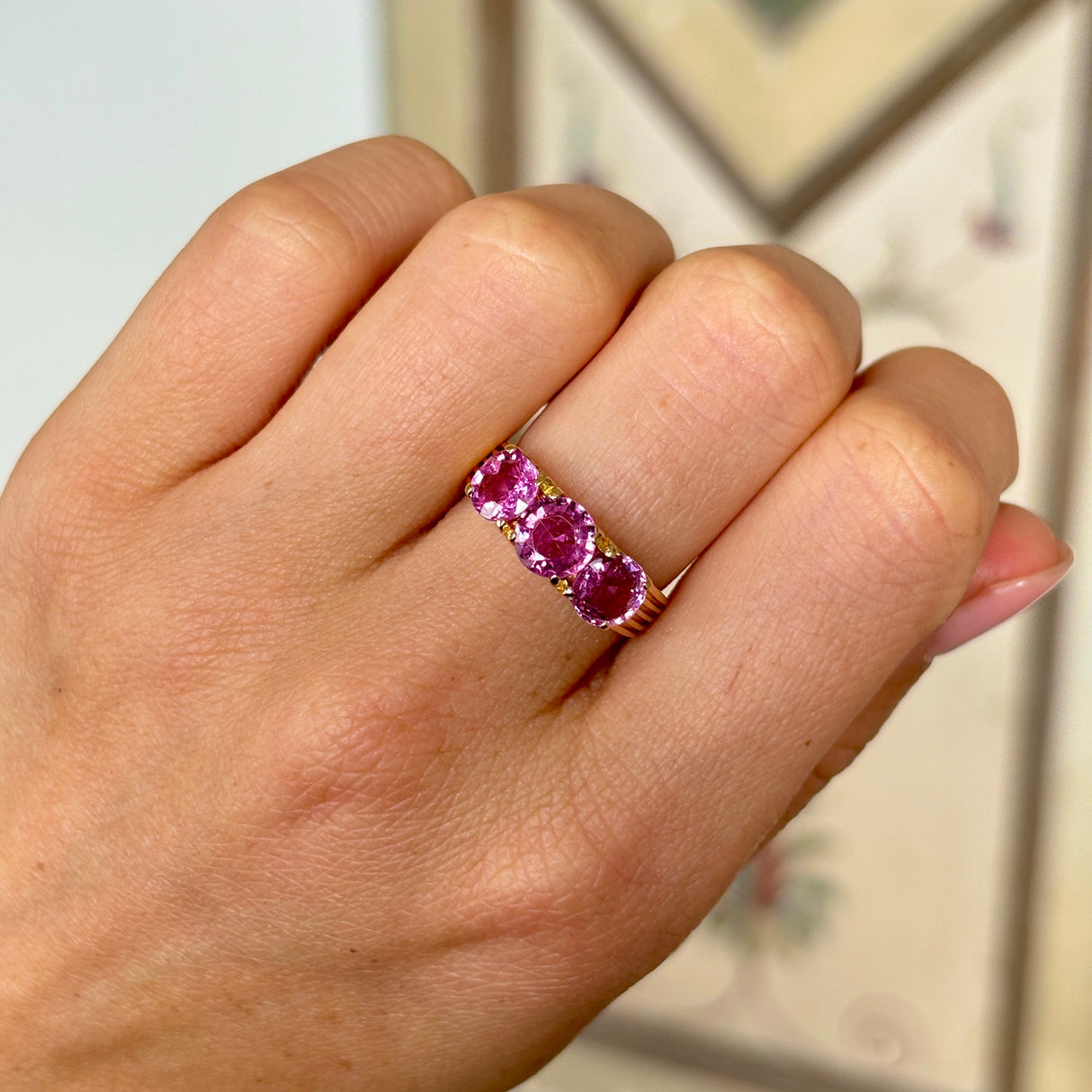 2077-Vintage, 1930s pink sapphire three-stone ring- on hand