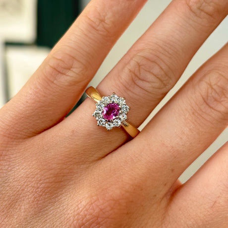 Vintage, 1960s pink sapphire & diamond cluster ring, 18ct yellow gold worn on hand.