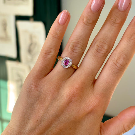 Vintage, 1960s pink sapphire & diamond cluster ring, 18ct yellow gold worn on hand.