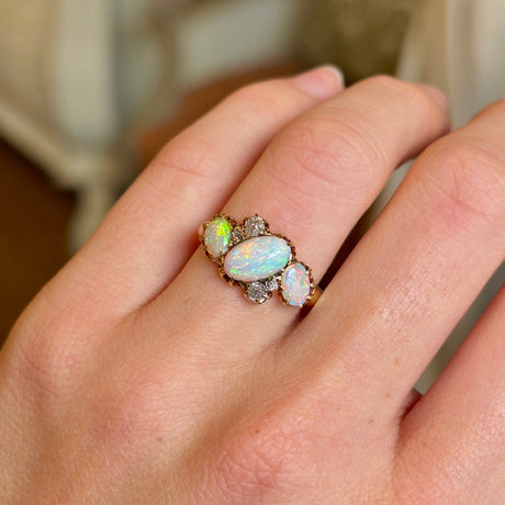 Vintage, Art Deco opal & diamond three-stone ring, 18ct yellow gold