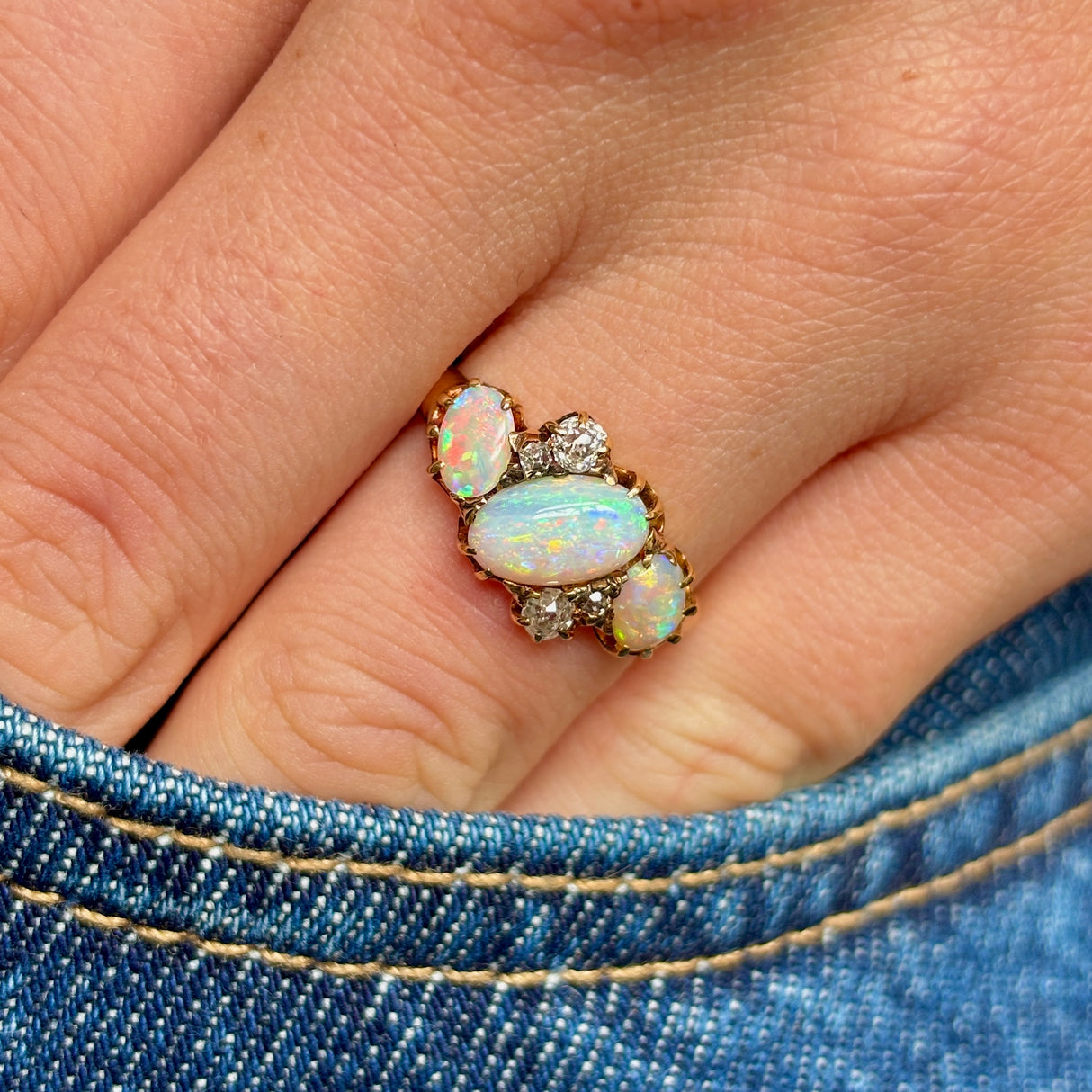 Vintage, Art Deco opal & diamond three-stone ring, 18ct yellow gold