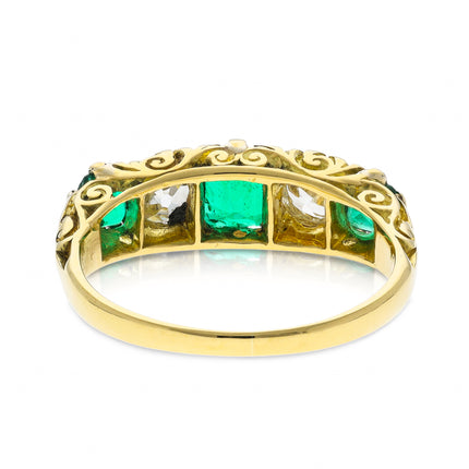 Victorian Emerald and Diamond Five Stone Engagement Ring, 18ct Yellow Gold