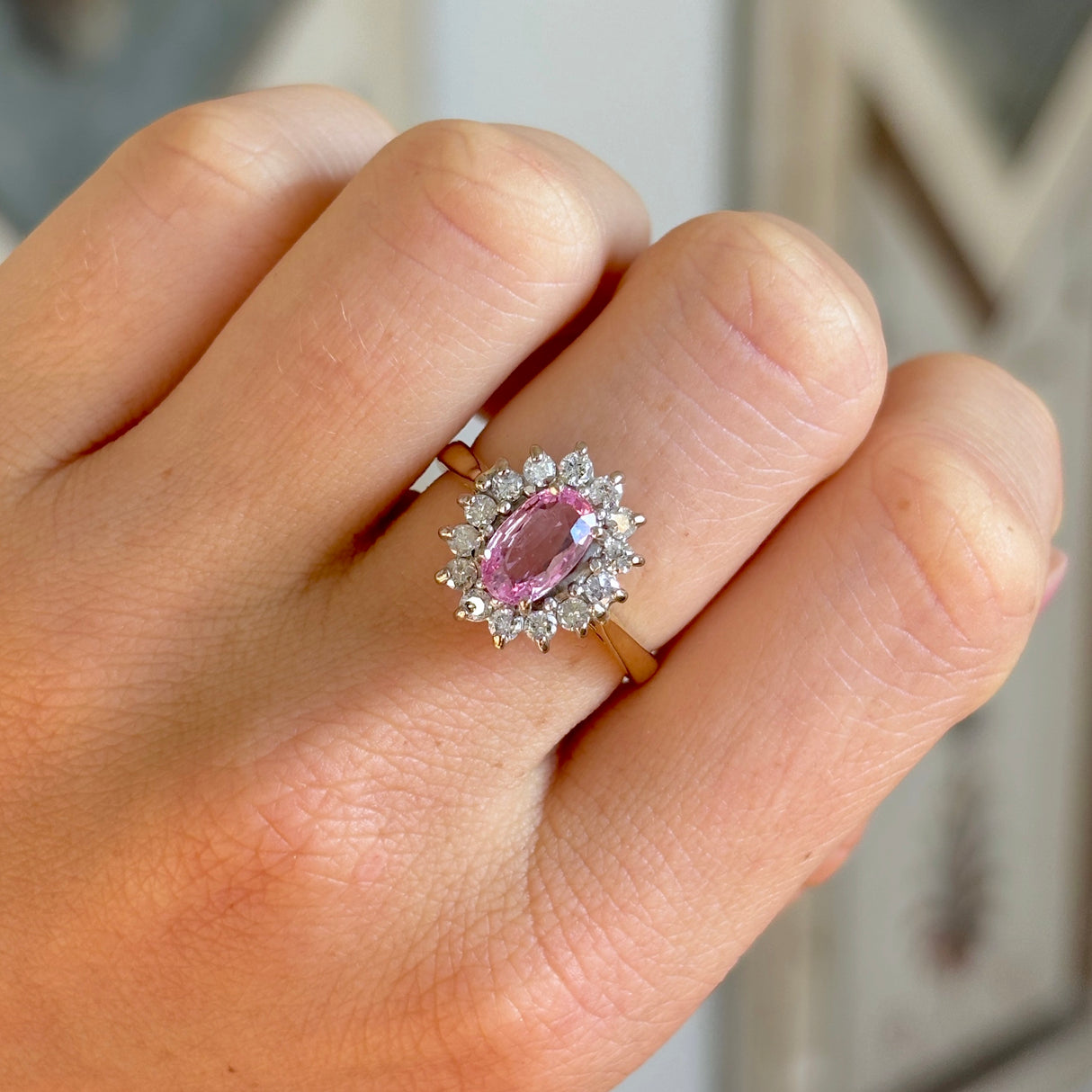 Vintage, 1970s pink sapphire & diamond cluster ring, 18ct yellow gold & platinum