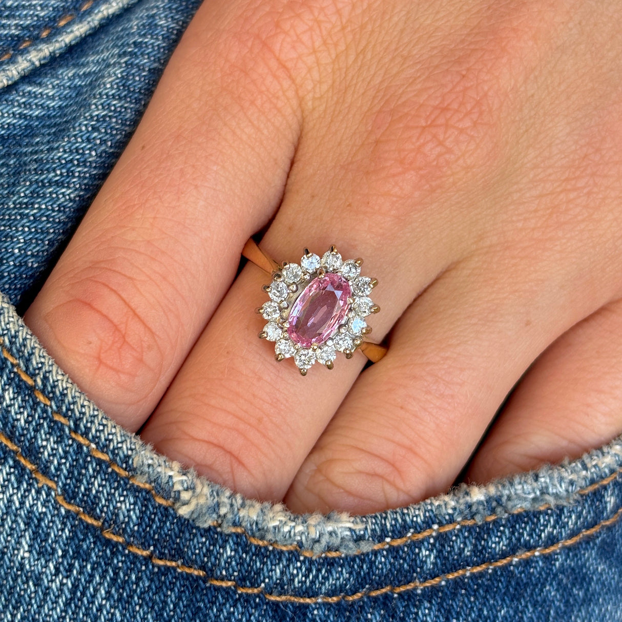 Vintage, 1970s pink sapphire & diamond cluster ring, 18ct yellow gold & platinum 