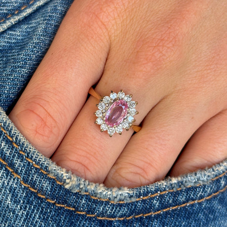 Vintage, 1970s pink sapphire & diamond cluster ring, 18ct yellow gold & platinum 
