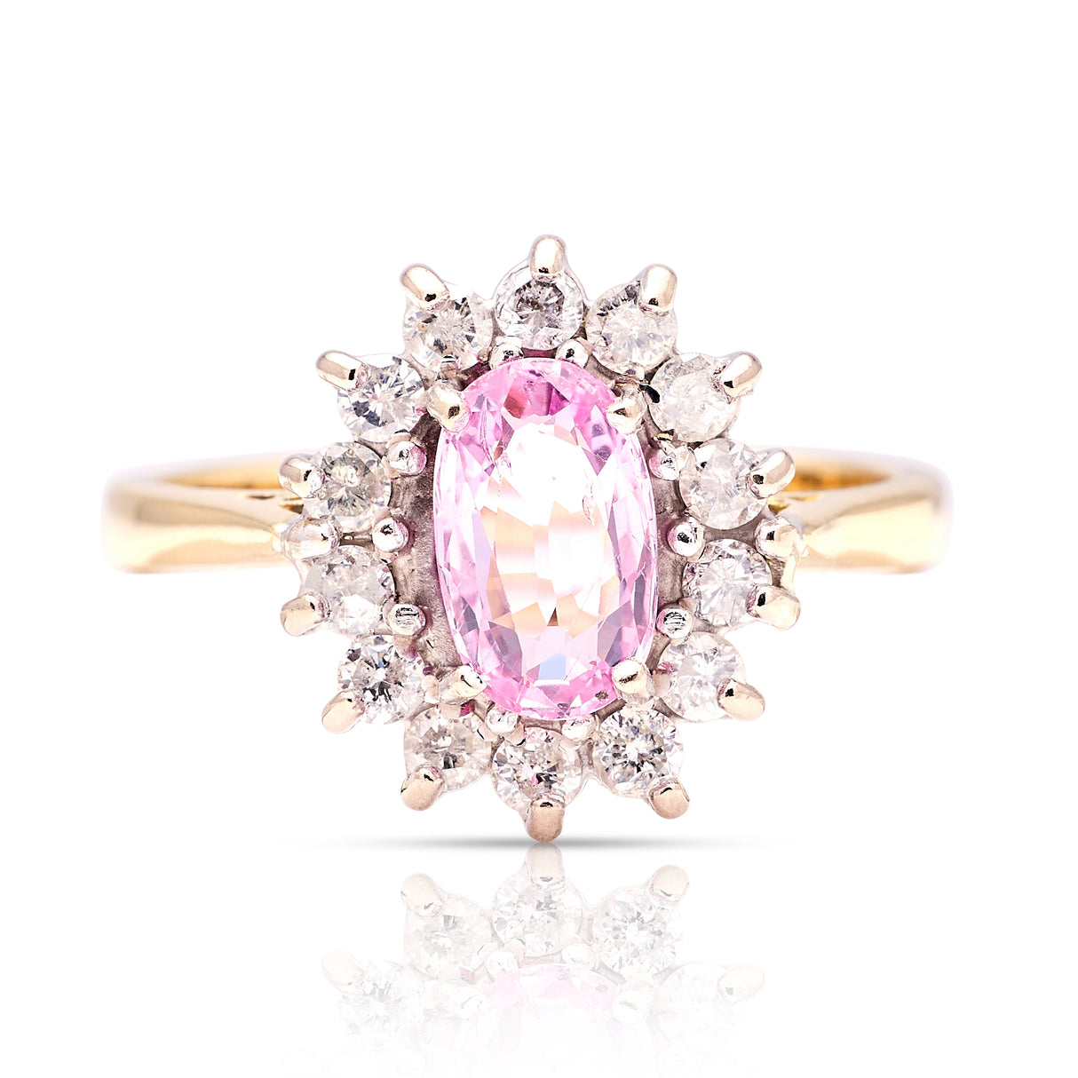 2102-Vintage, 1970s pink sapphire & diamond cluster ring, 18ct yellow gold & platinum front