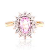2102-Vintage, 1970s pink sapphire & diamond cluster ring, 18ct yellow gold & platinum front