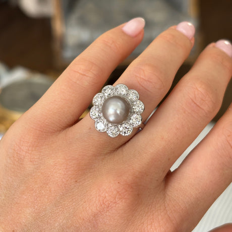 Vintage, Art Deco natural pearl & diamond cluster ring