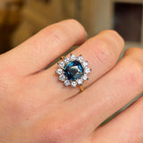 Vintage, 1940s deep teal & diamond cluster ring