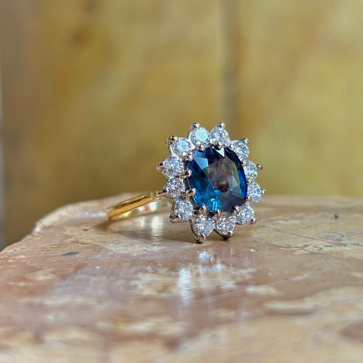 Vintage, 1940s deep teal & diamond cluster ring