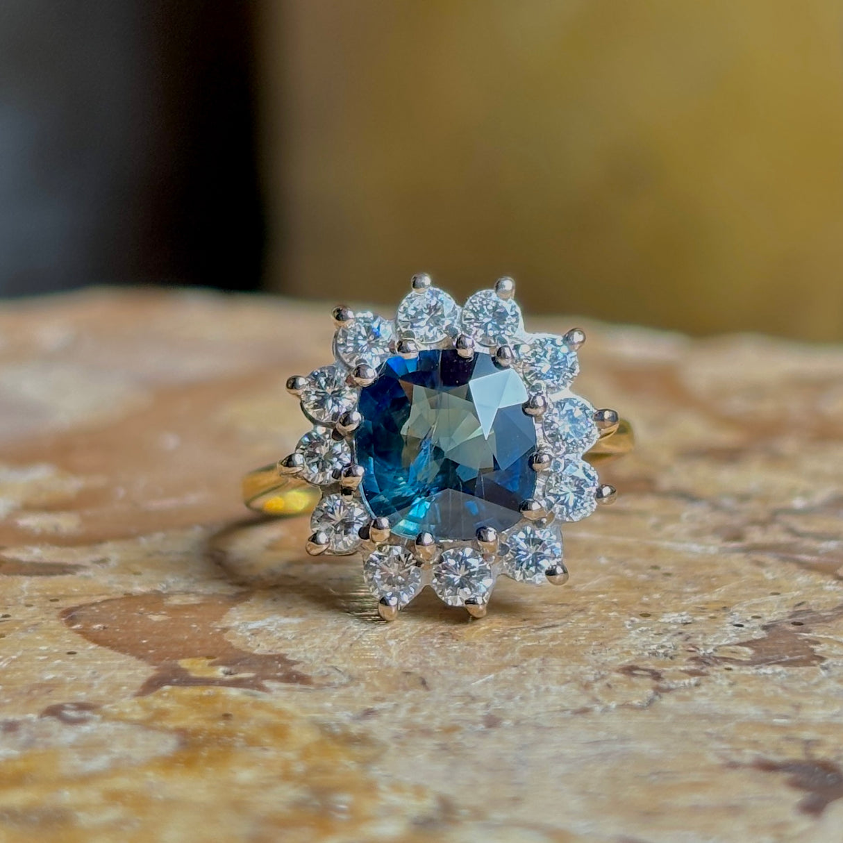 Vintage, 1940s deep teal & diamond cluster ring