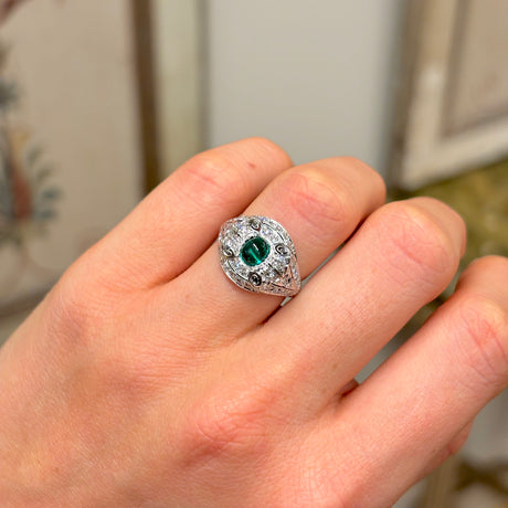 Vintage, 1940s cabochon emerald & diamond ring