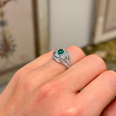Vintage, 1940s cabochon emerald & diamond ring