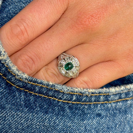Vintage, 1940s cabochon emerald & diamond ring