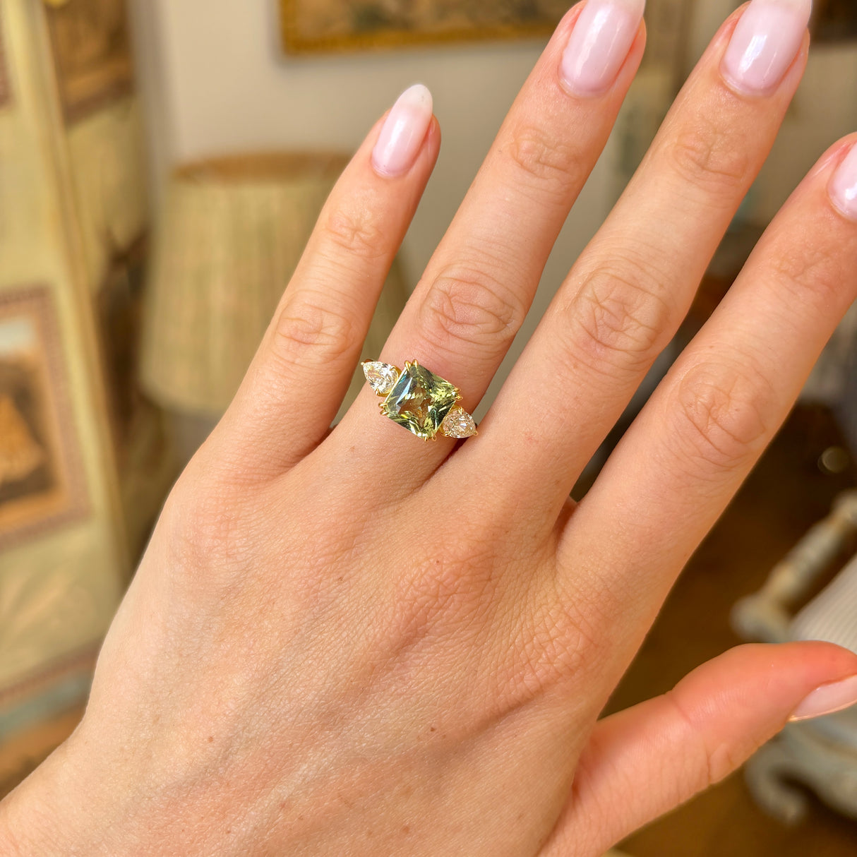 Vintage, green sapphire & diamond three-stone ring