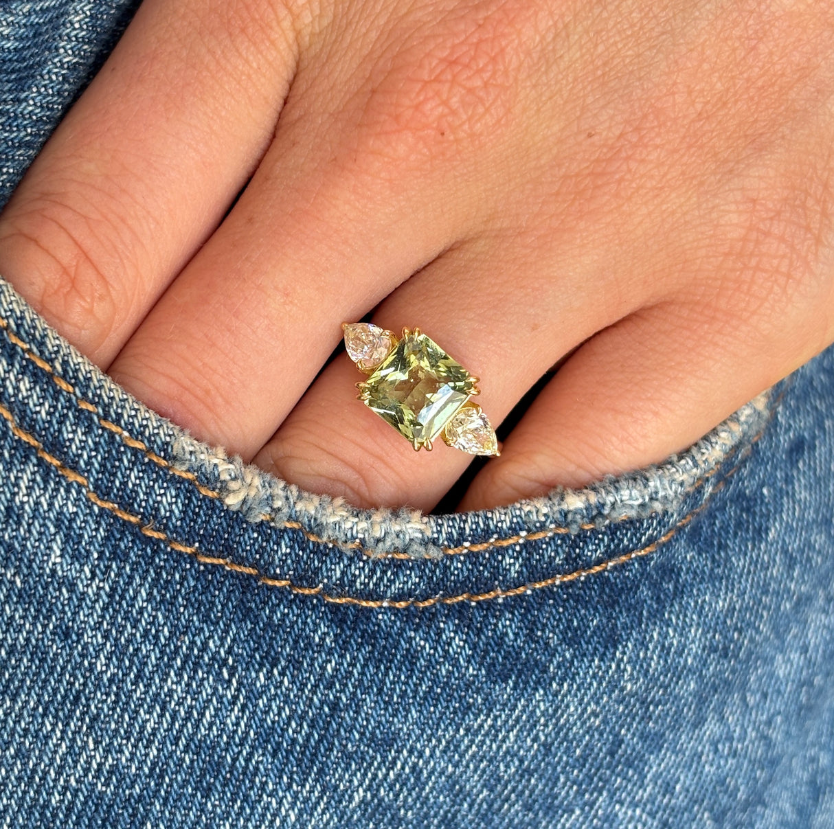 Vintage, green sapphire & diamond three-stone ring