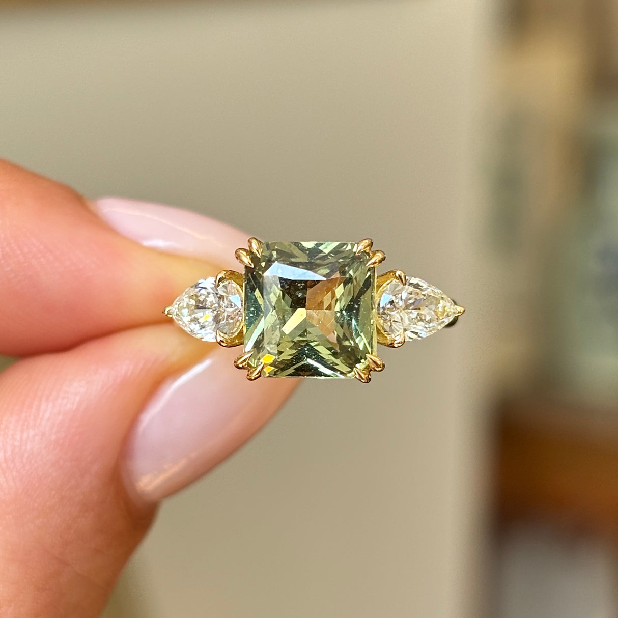 Vintage, green sapphire & diamond three-stone ring