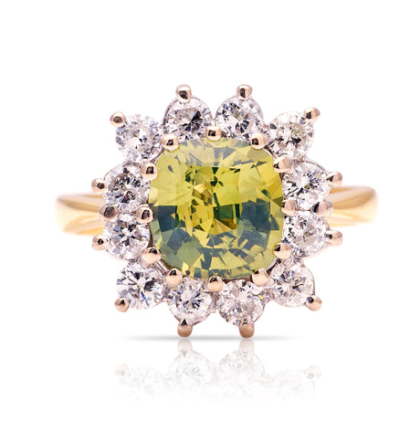 Vintage, 1970s green sapphire & diamond cluster ring