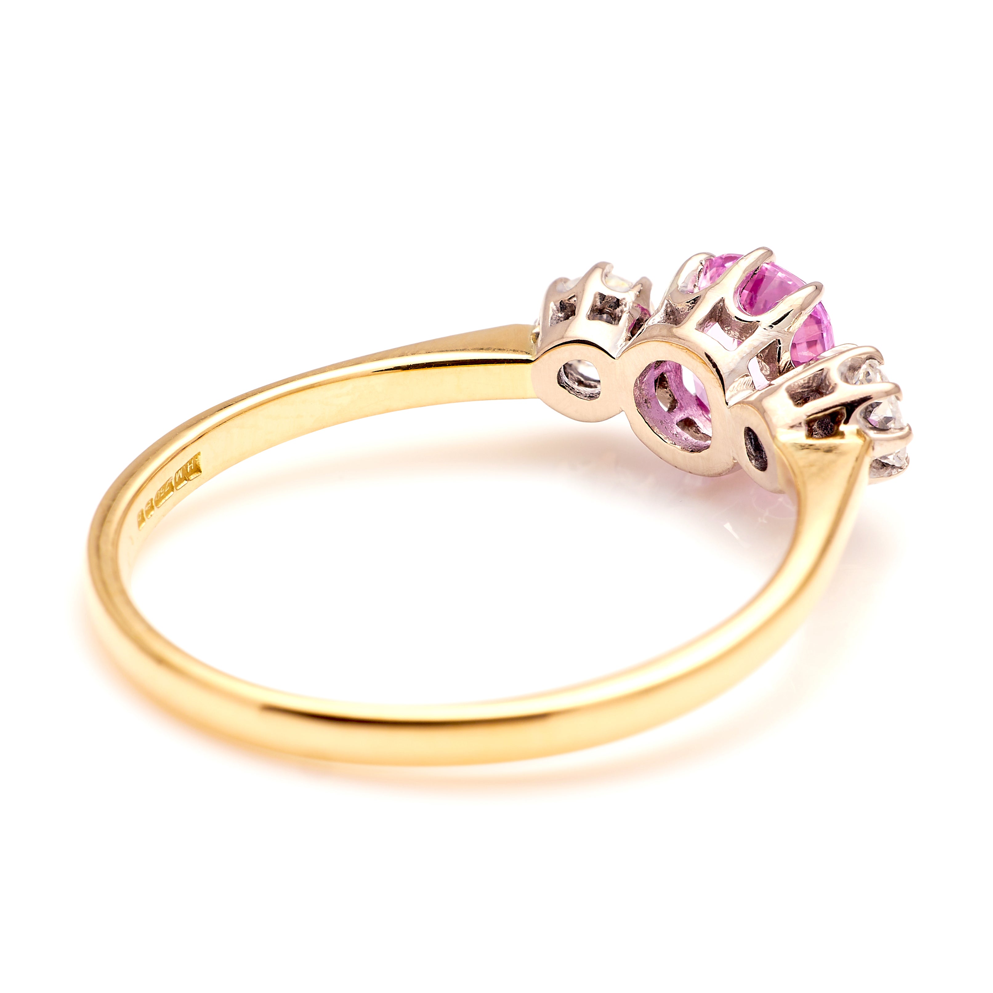 Vintage, pink sapphire & diamond three-stone ring, 18ct yellow gold