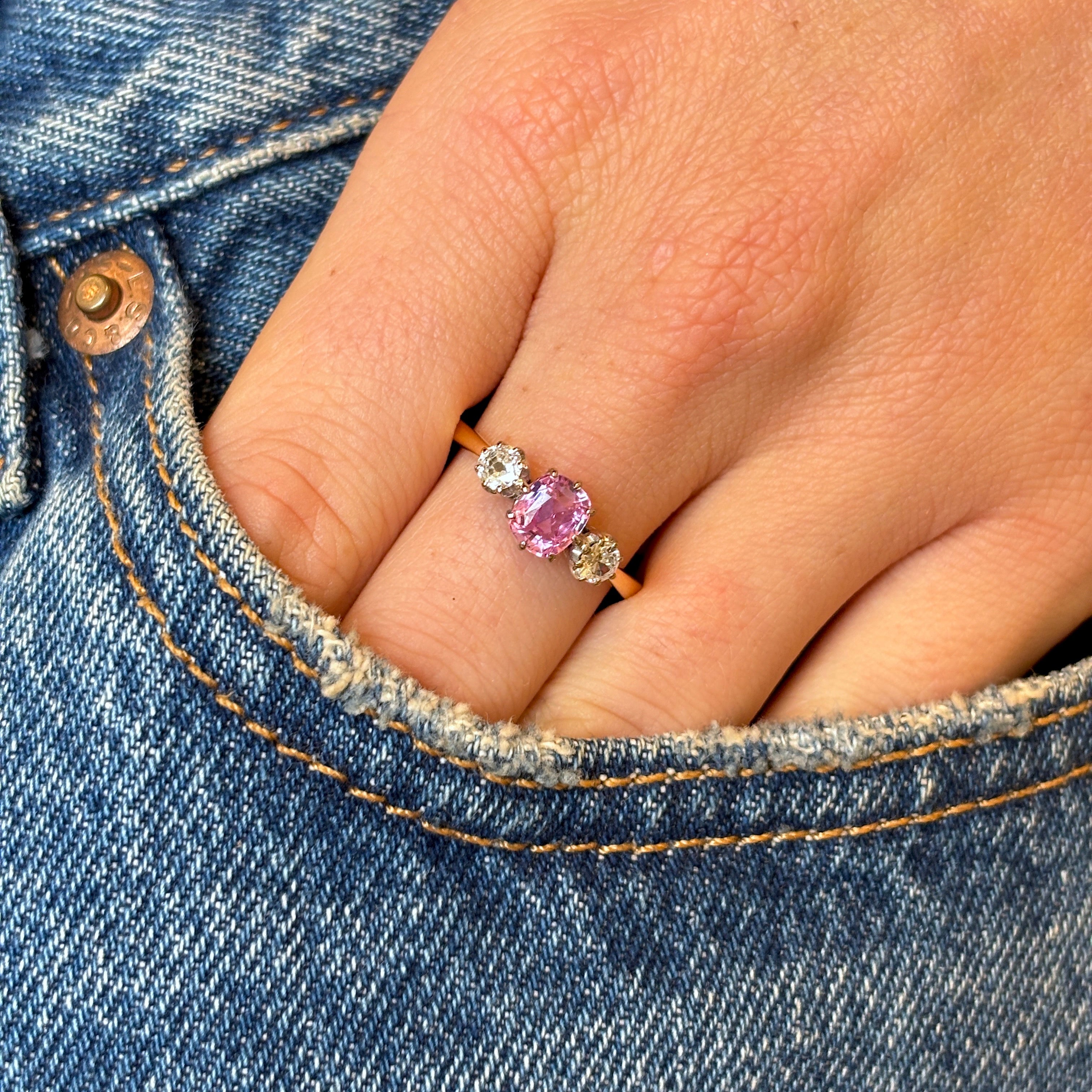 Vintage, pink sapphire & diamond three-stone ring, 18ct yellow