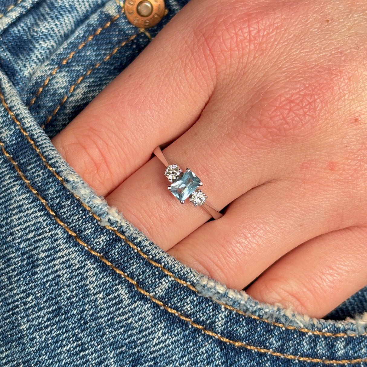 Vintage, 1970s blue spinel & diamond three-stone ring