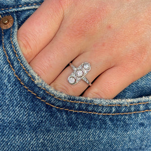 Vintage, Art Deco three-stone diamond panel ring