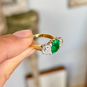 Antique, Belle Époque emerald & diamond three-stone ring