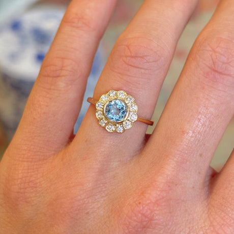 Vintage sky-blue topaz & diamond cluster ring