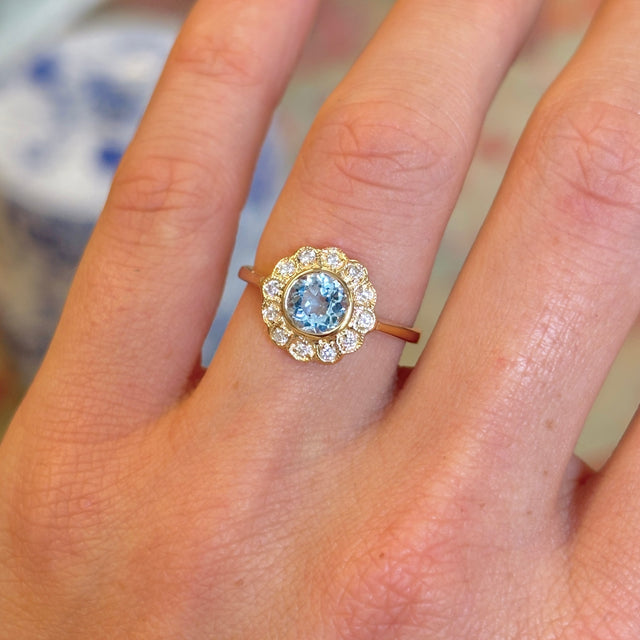 Vintage sky-blue topaz & diamond cluster ring