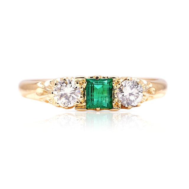 Antique, Edwardian emerald & diamond three-stone ring