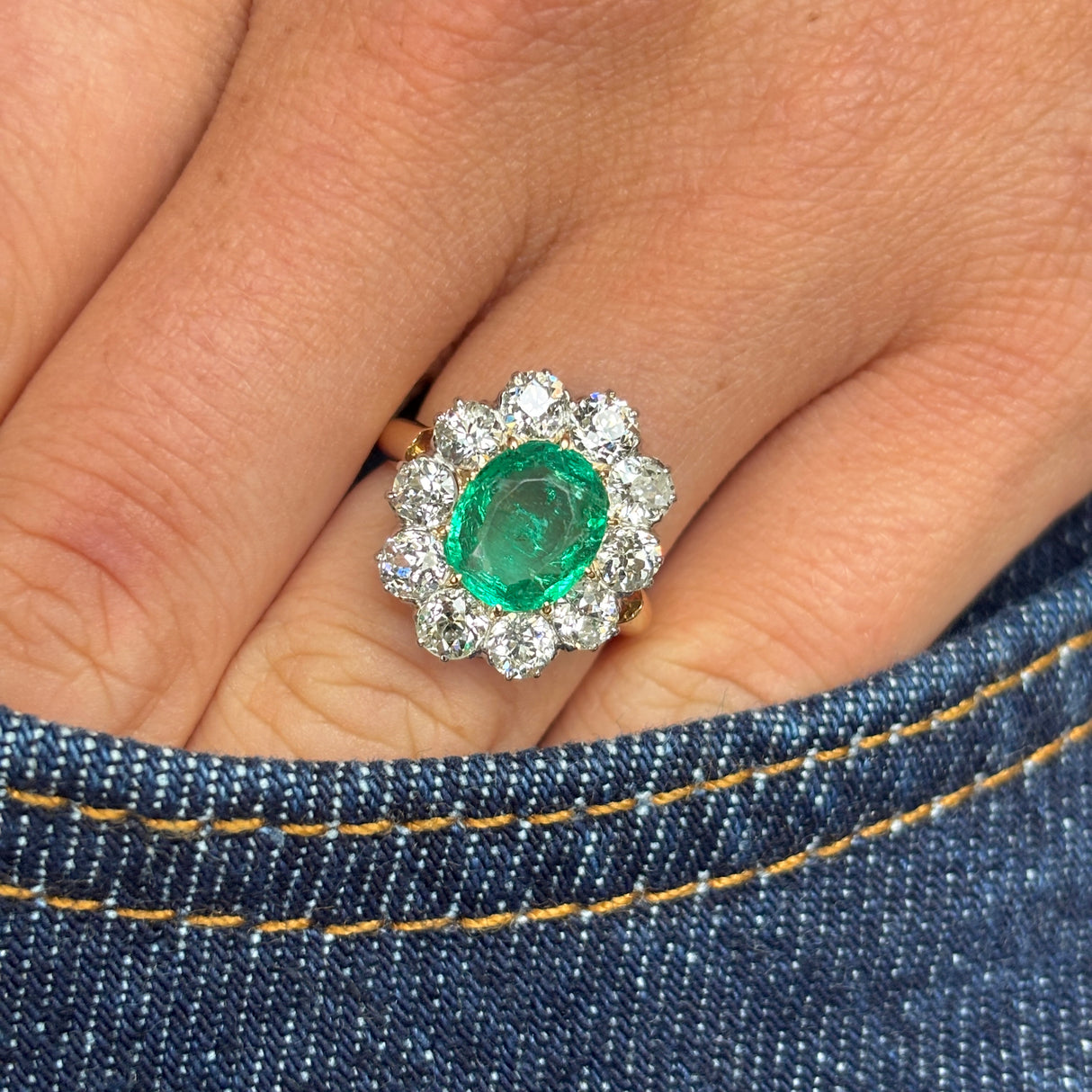 2443-Antique, Edwardian emerald & diamond cluster ring