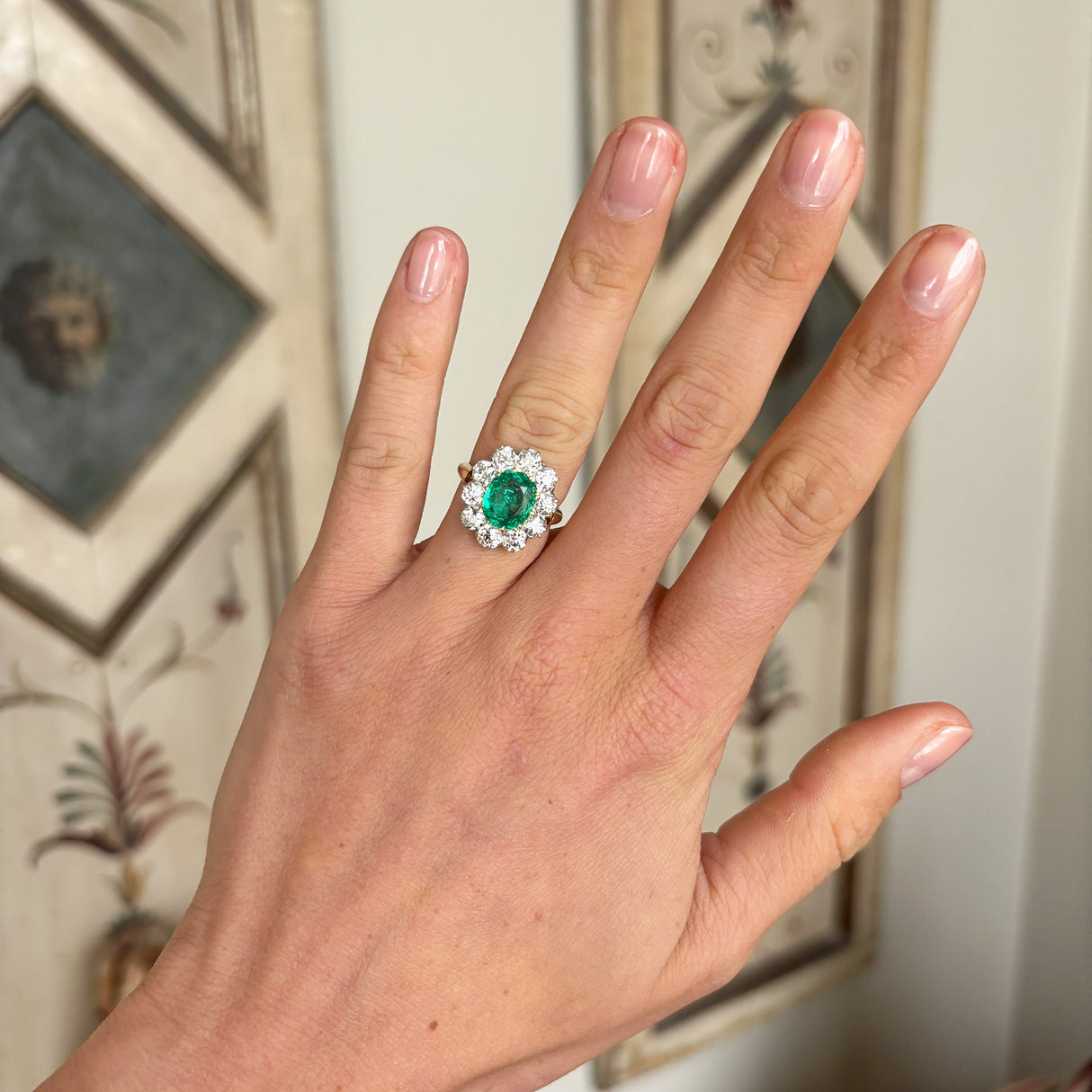 2443-Antique, Edwardian emerald & diamond cluster ring-
