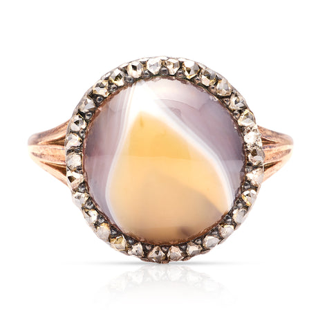 Antique, Georgian bi-colour agate & diamond cluster ring