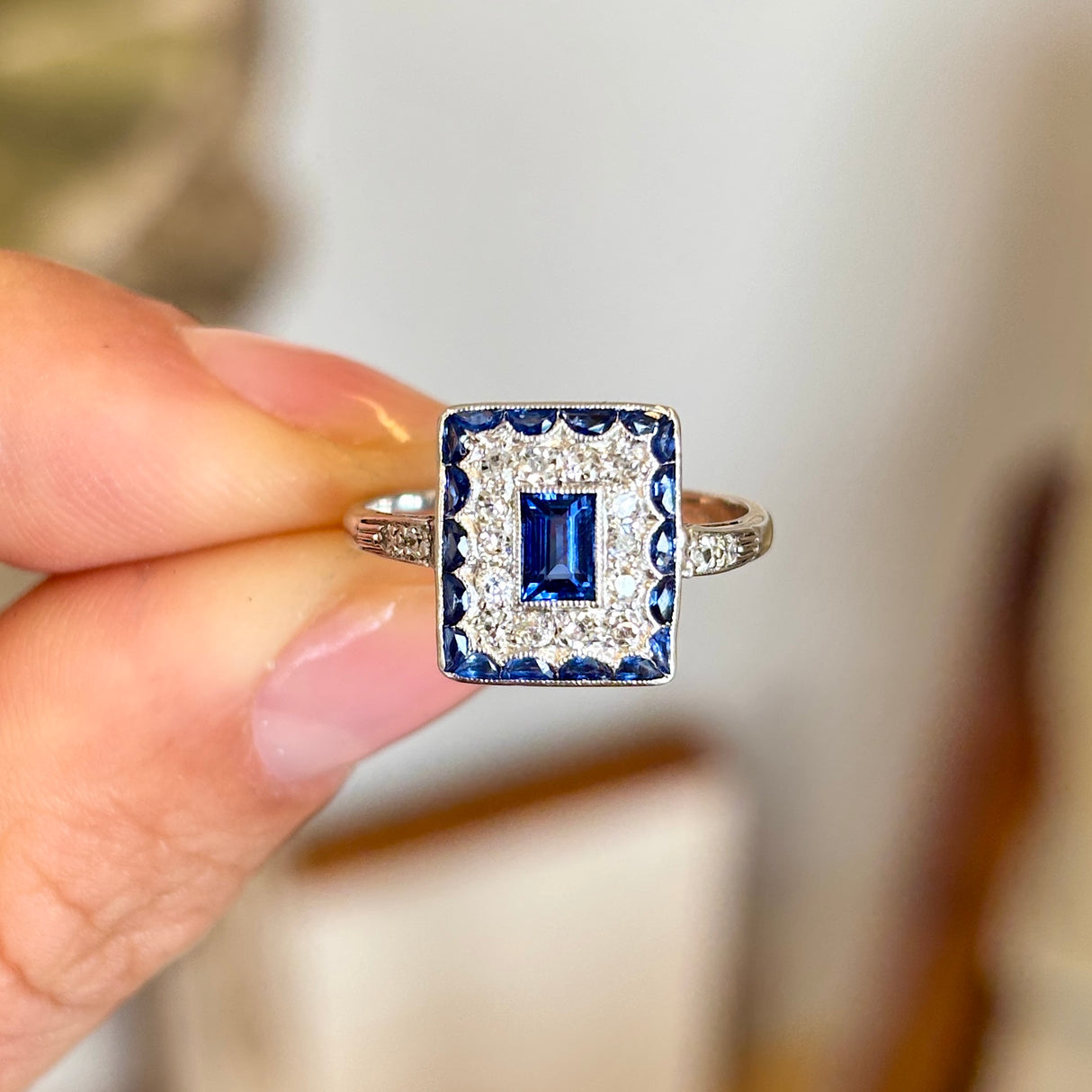 Vintage, Art Deco sapphire & diamond cluster panel ring