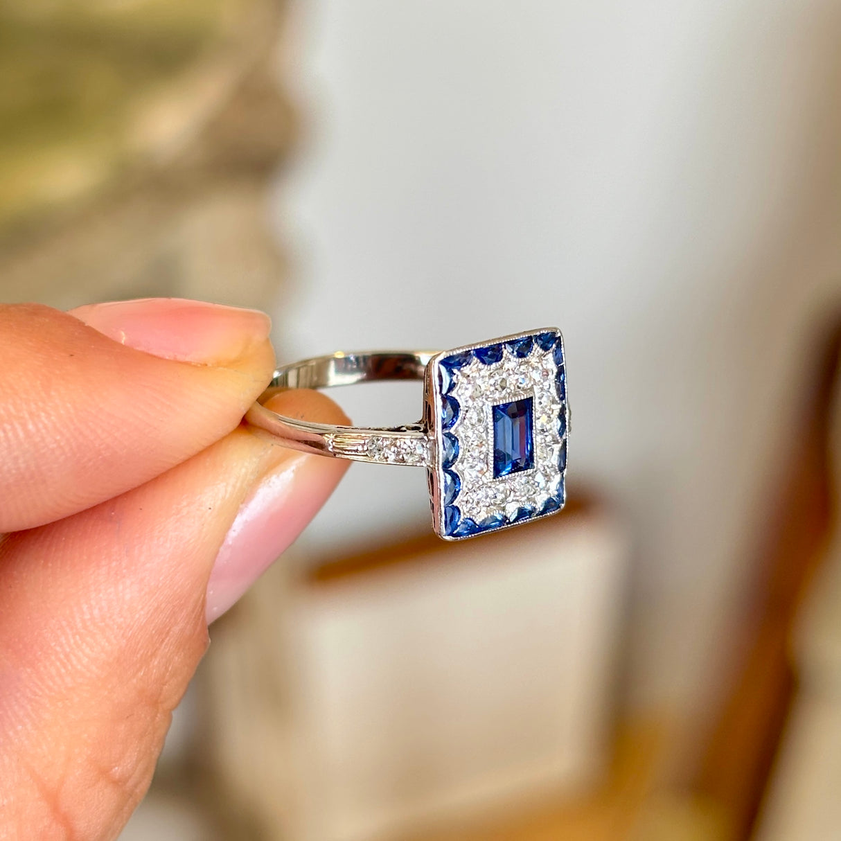 Vintage, Art Deco sapphire & diamond cluster panel ring